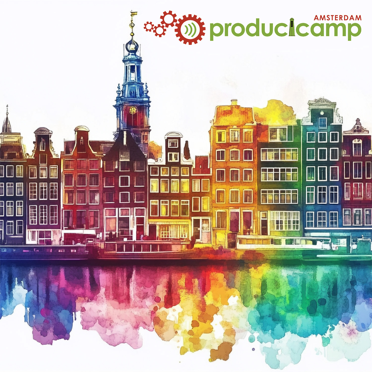 A speaker addresses the ProductCamp Amsterdam audience under the event's opening graphic.